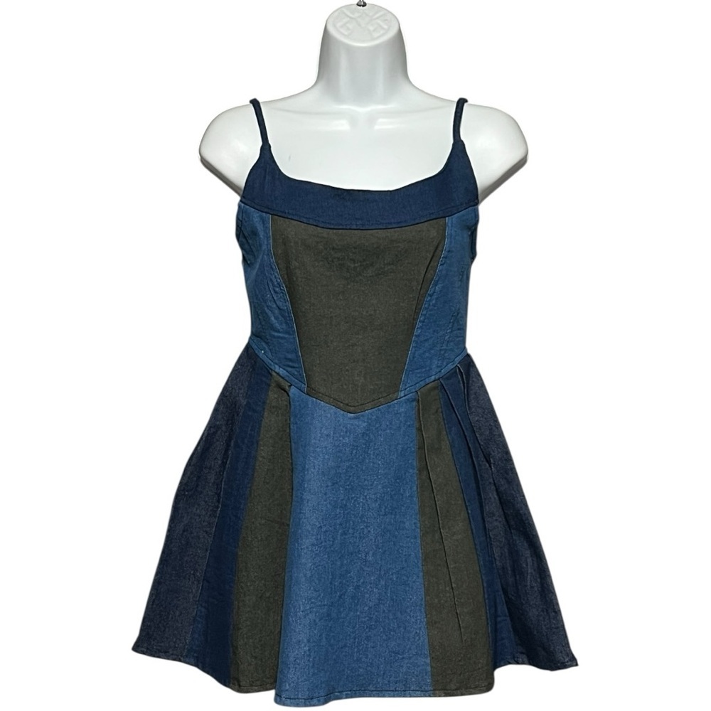 Korix Y2K Color-Block Blue Denim Skater Dress Blue Size Small